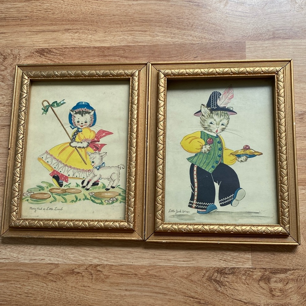 Set of two vintage cat nursery rhyme framed prints